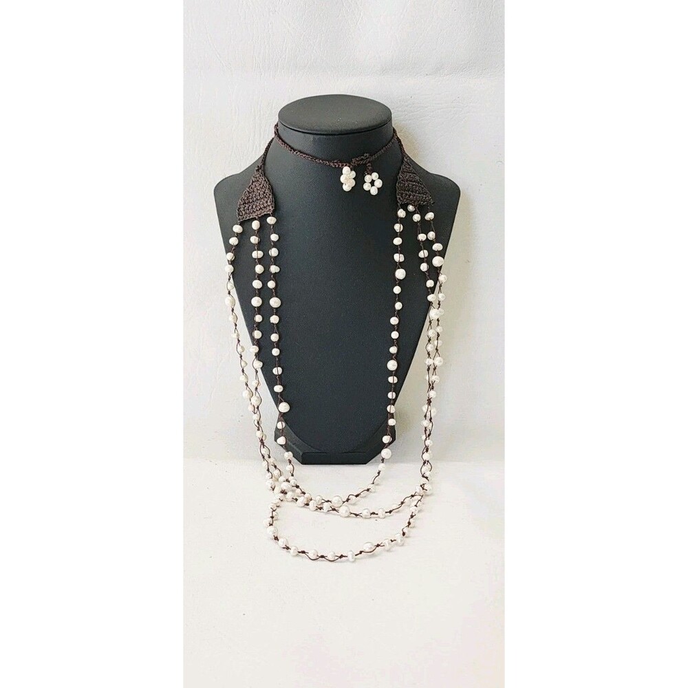 Pearls Multi-Strand Layered Knotted Hand Crochet Long Necklace Bohemian